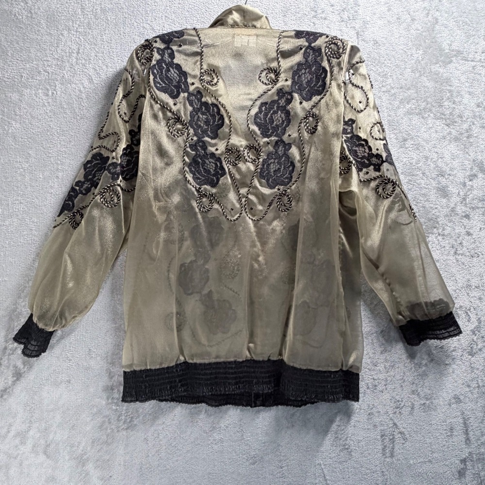 Marshall Rousso Blouse Womens S Gold Sheer Mesh Floral Lace Beaded Button Front - Picture 3 of 10